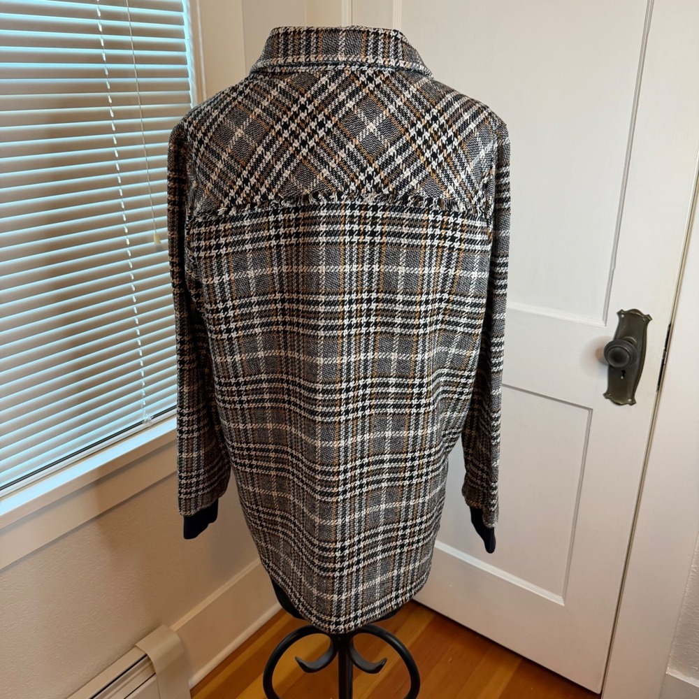 Yest The Netherlands Plaid Shacket Gray Brown Houndstooth Fringe Shirt Jacket 12 - Picture 2 of 10